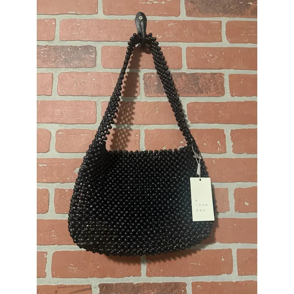 A New Day Black Beaded Handbag – Chic Shoulder Purse with Snap Closure